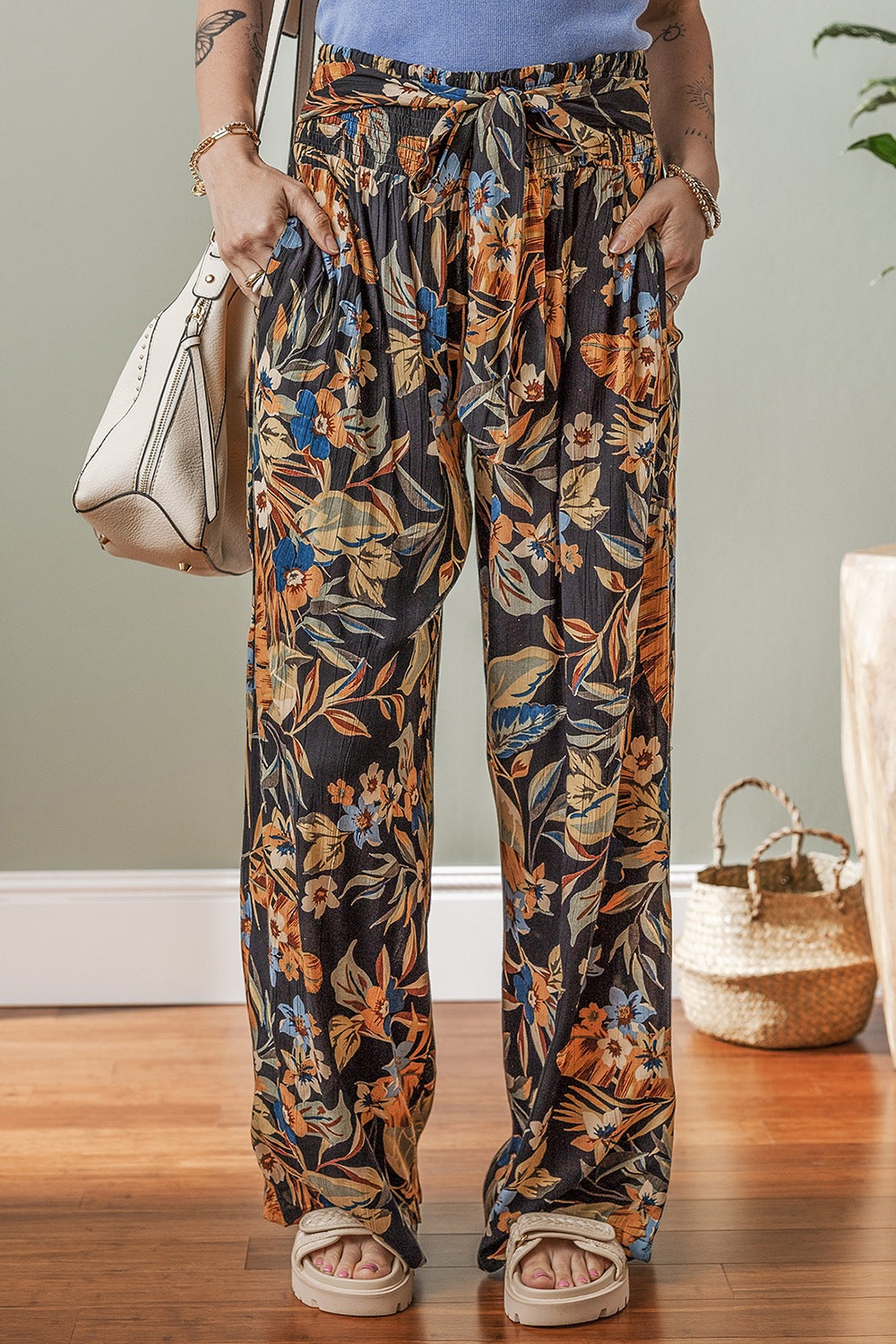Floral shirred high waist wide leg pants with tie, opaque.