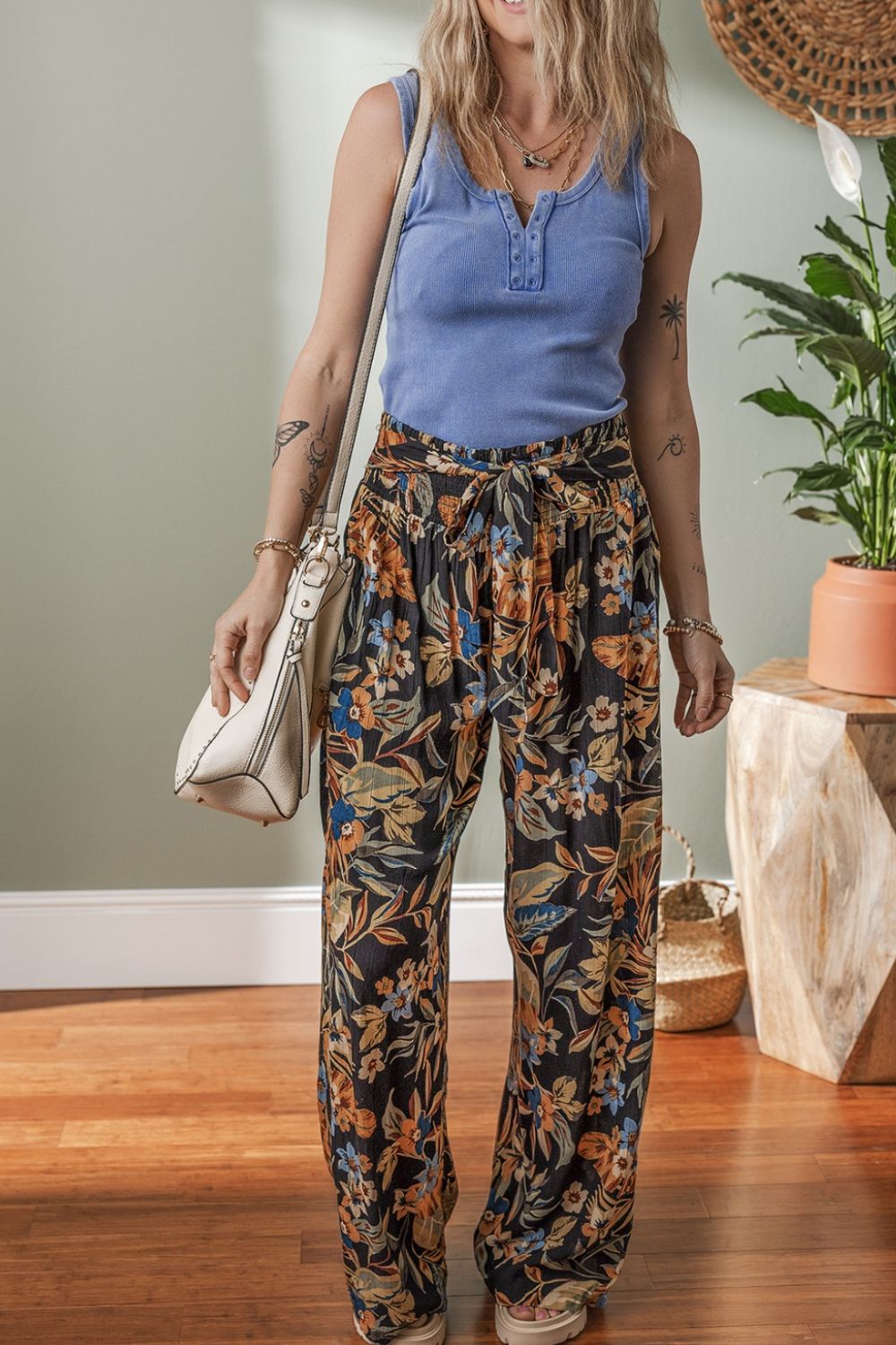 Floral shirred high waist wide leg pants with tie, opaque.