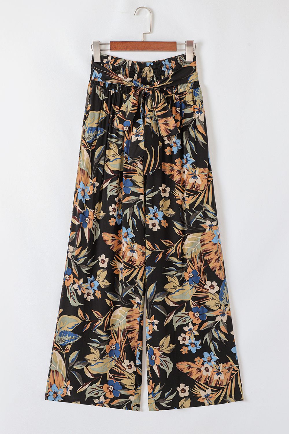 Floral shirred high waist wide leg pants with tie, opaque.