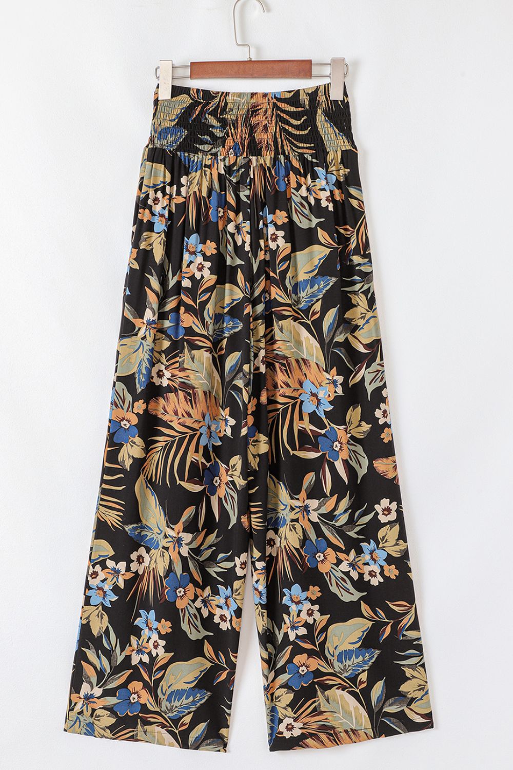 Floral shirred high waist wide leg pants with tie, opaque.