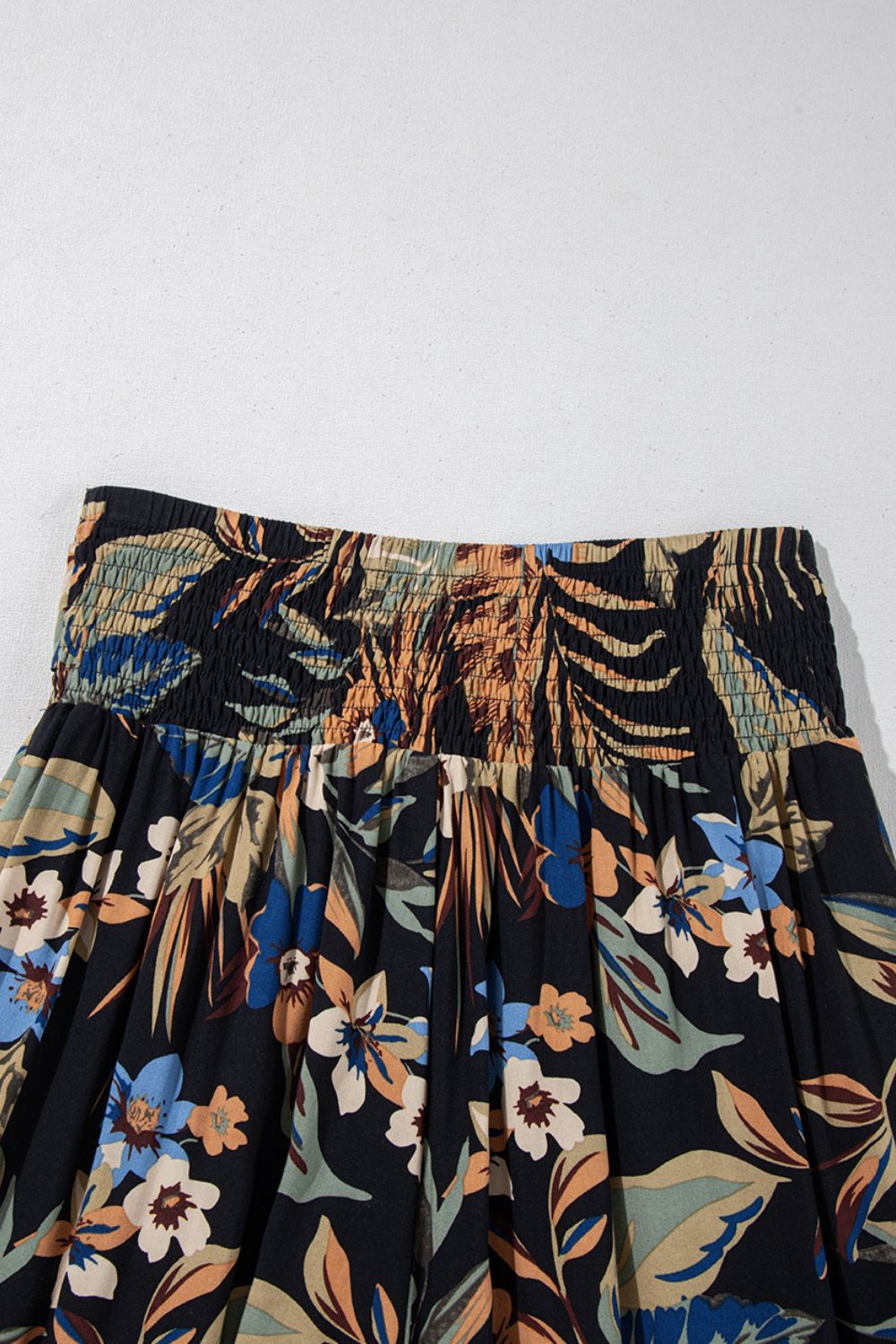 Floral shirred high waist wide leg pants with tie, opaque.