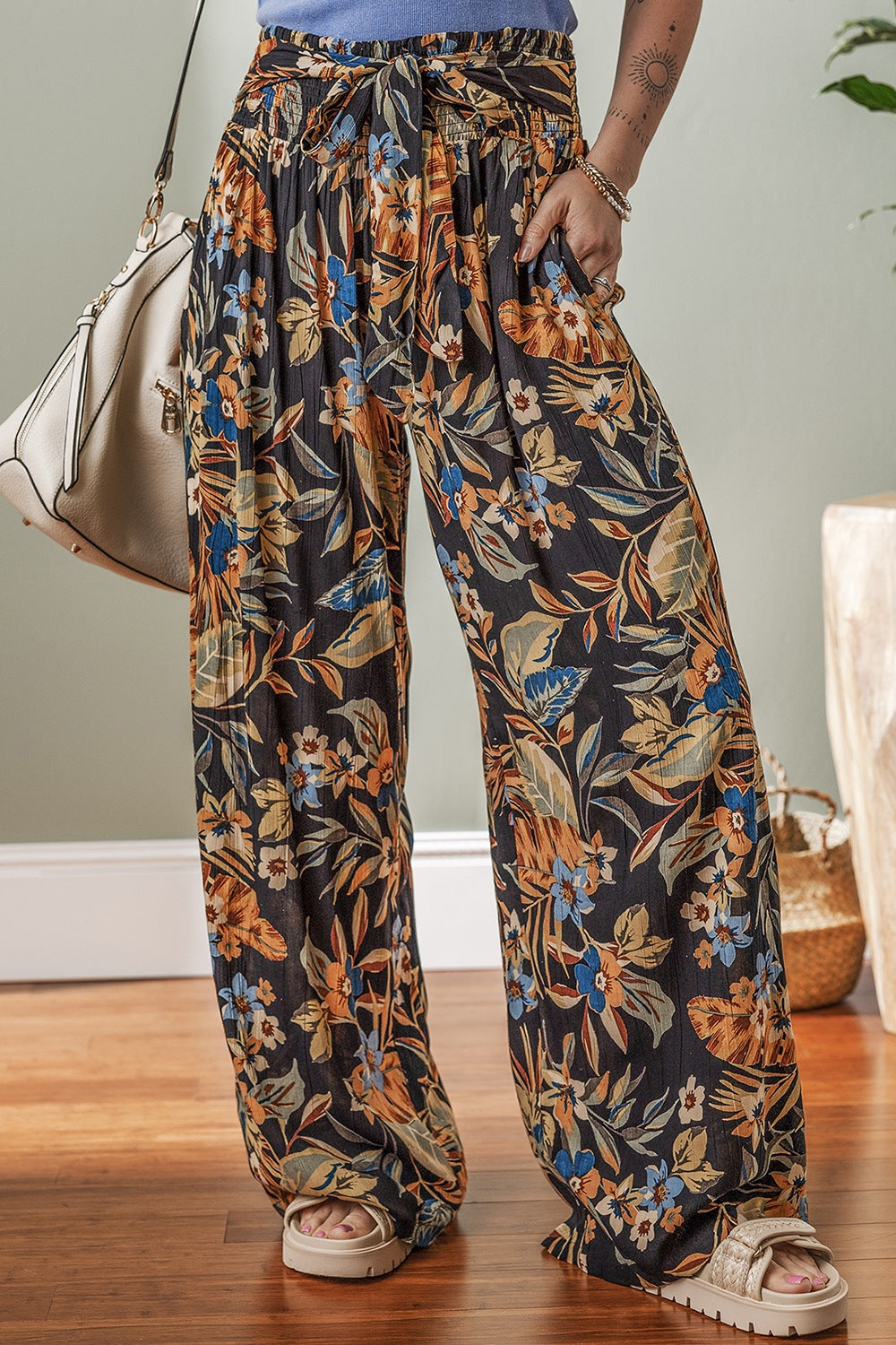 Floral shirred high waist wide leg pants with tie, opaque.