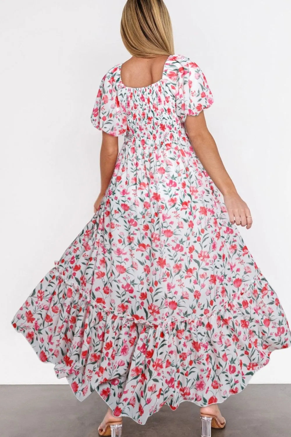 Floral Short Puff Sleeve Tiered Dress.