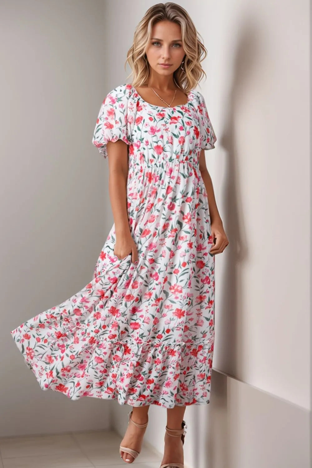 Floral Short Puff Sleeve Tiered Dress.