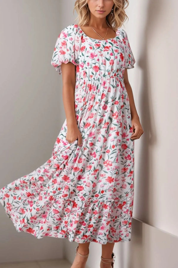 Floral Short Puff Sleeve Tiered Dress.