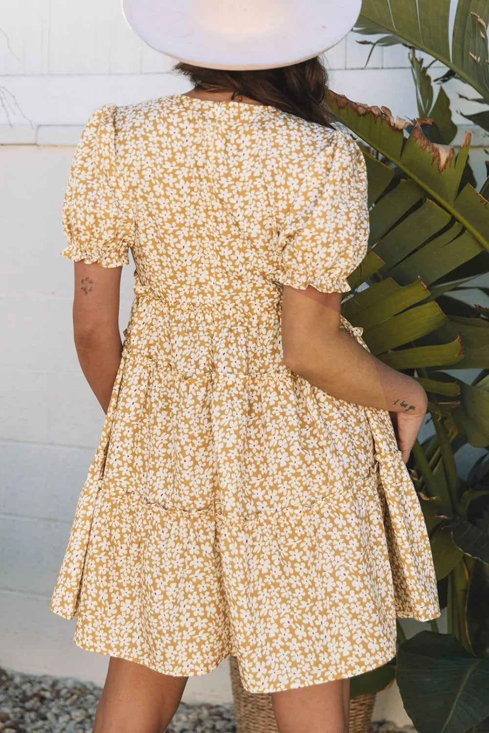 Floral Short Sleeve Surplice Frilly Tiered Mini Dress.