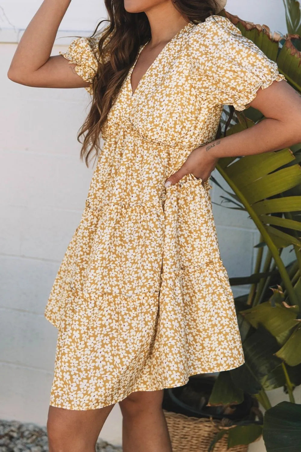 Floral Short Sleeve Surplice Frilly Tiered Mini Dress.