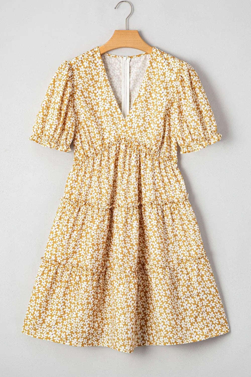 Floral Short Sleeve Surplice Frilly Tiered Mini Dress.