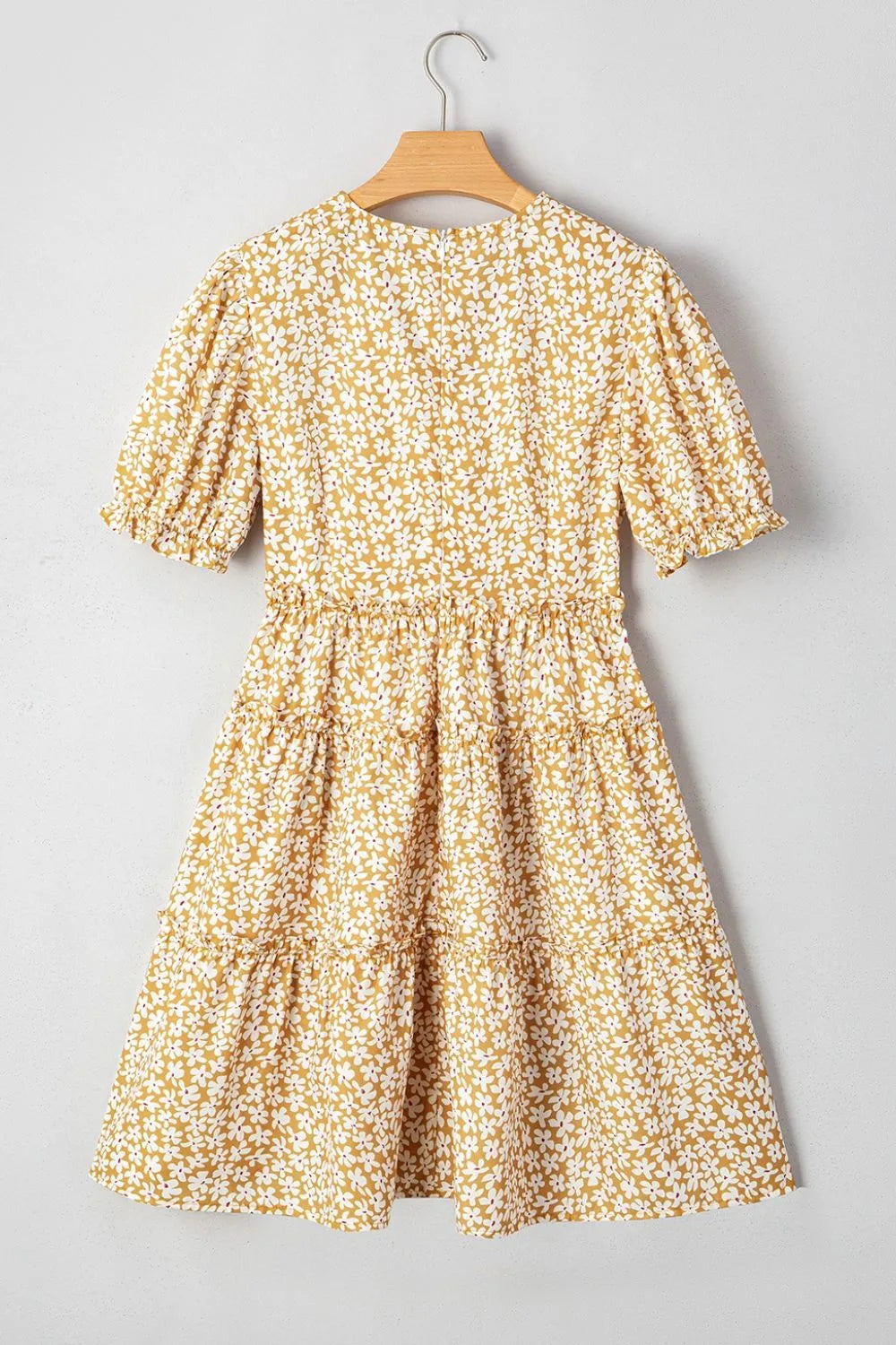 Floral Short Sleeve Surplice Frilly Tiered Mini Dress.