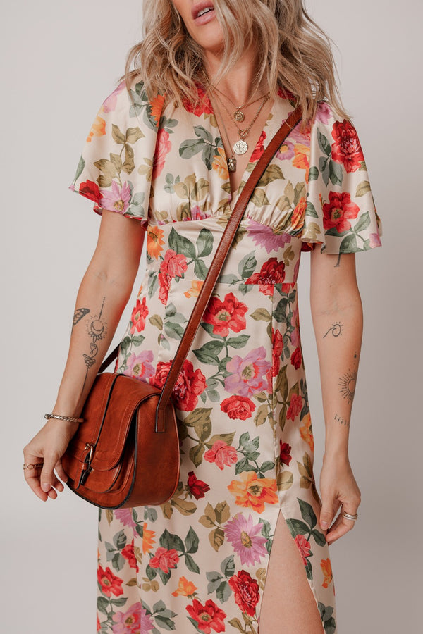Floral Short Sleeve Tie Back Slit Dress.