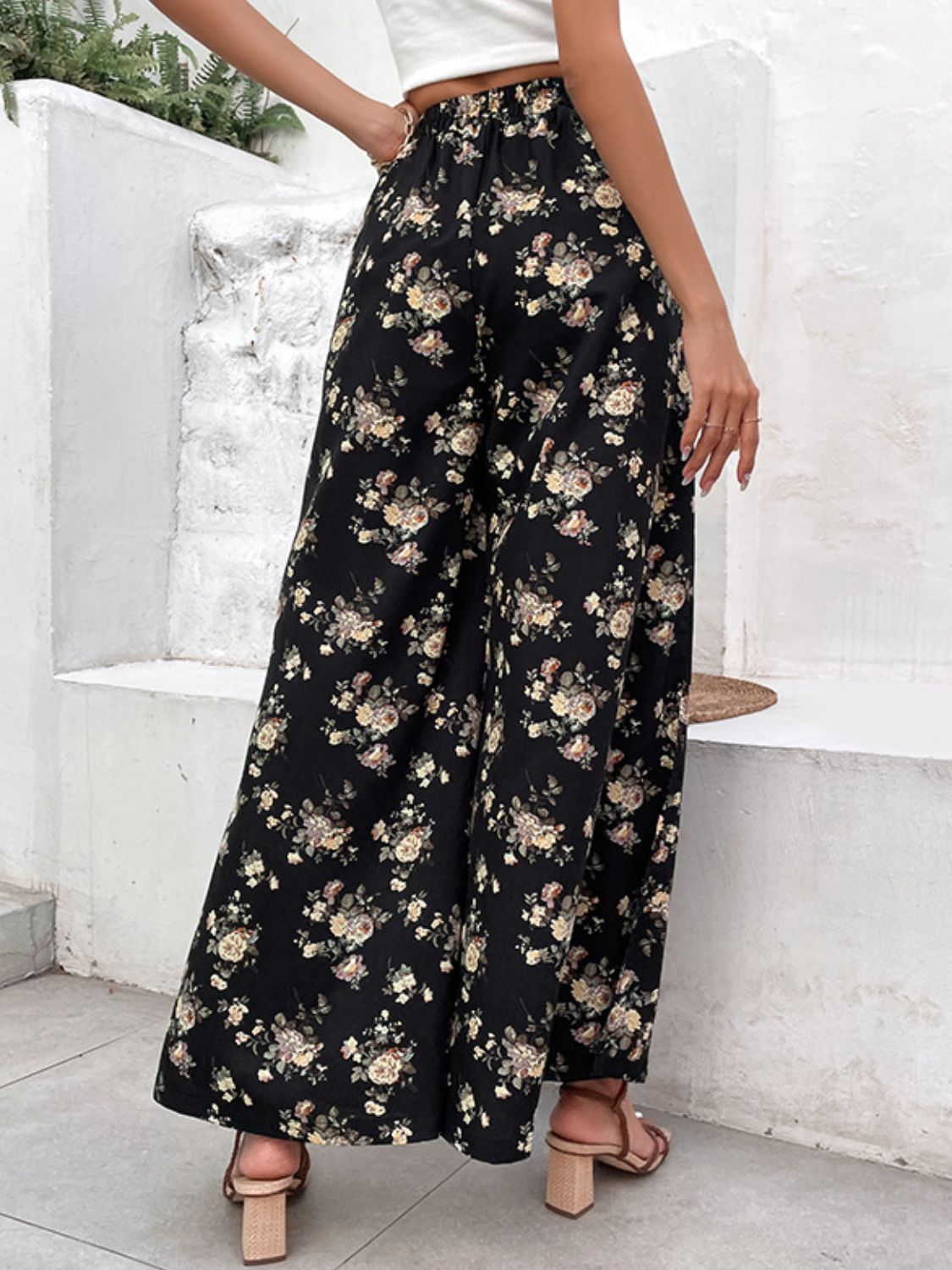 Floral side slit wide leg pants, casual style.