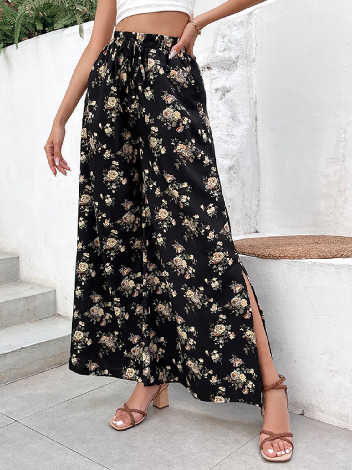 Floral side slit wide leg pants, casual style.