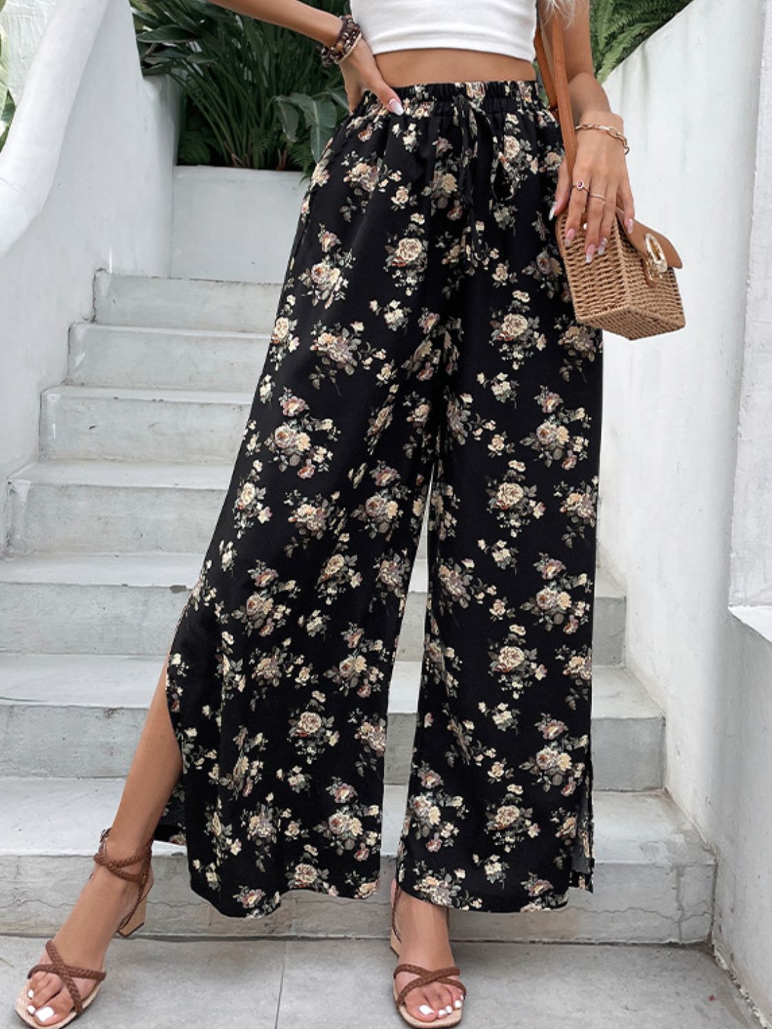 Floral side slit wide leg pants, casual style.