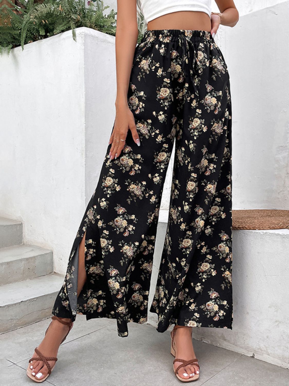 Floral side slit wide leg pants, casual style.