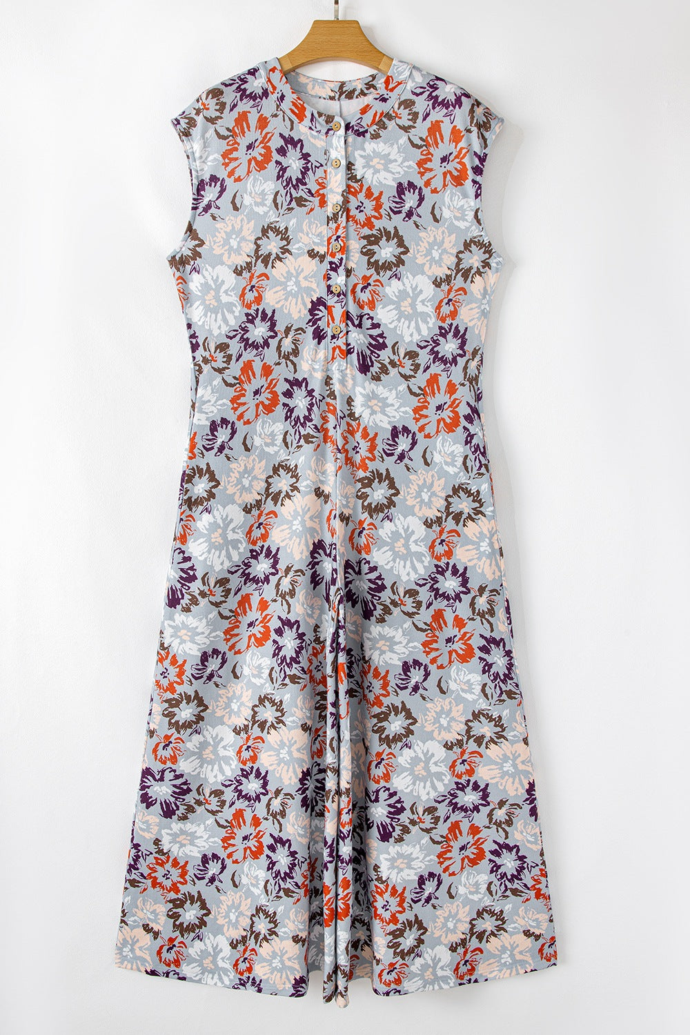 Floral Sleeveless Button Front Wide Leg Jumpsuit.