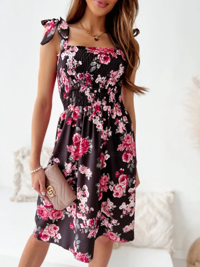Floral Smocked Bodice Tie Shoulder Summer Dress.