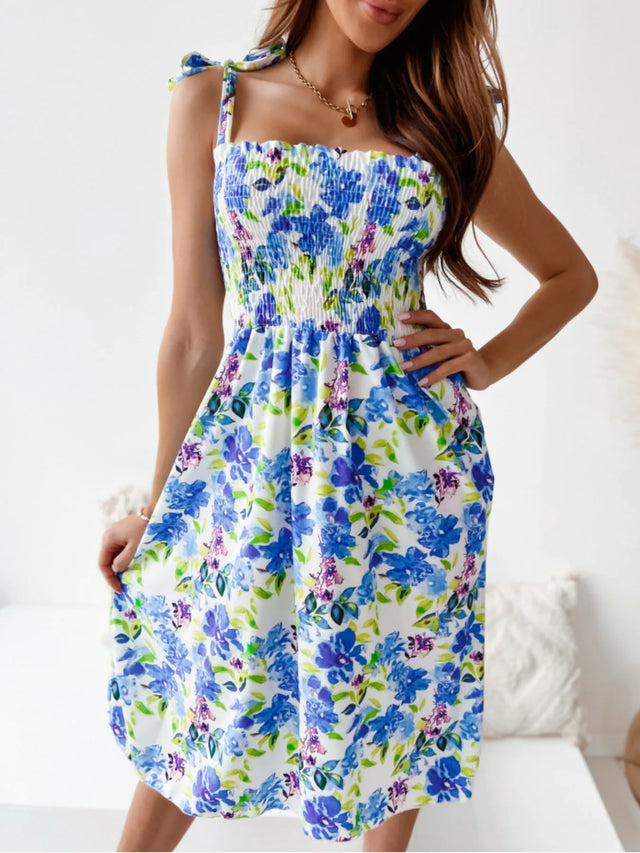 Floral Smocked Bodice Tie Shoulder Summer Dress.