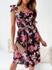 Floral Smocked Bodice Tie Shoulder Summer Dress.