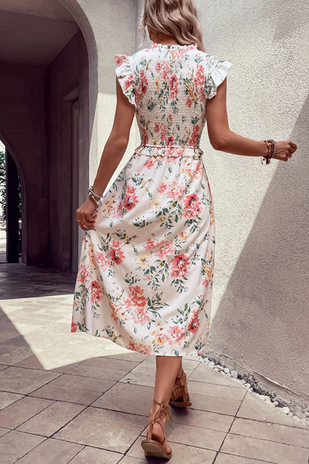 Perfee Floral Smocked Butterfly Sleeve Slit Midi Dress.