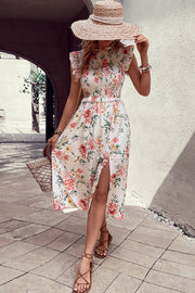 Perfee Floral Smocked Butterfly Sleeve Slit Midi Dress.