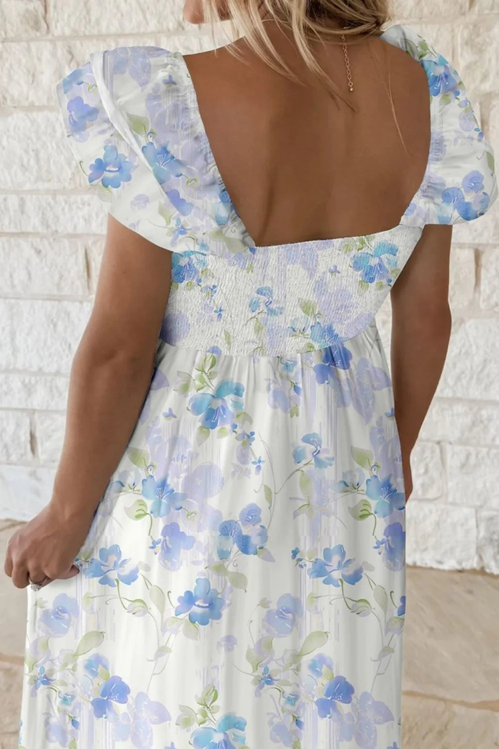 Floral Smocked High Waist Double Ruffle Sleeveless Long Dress.