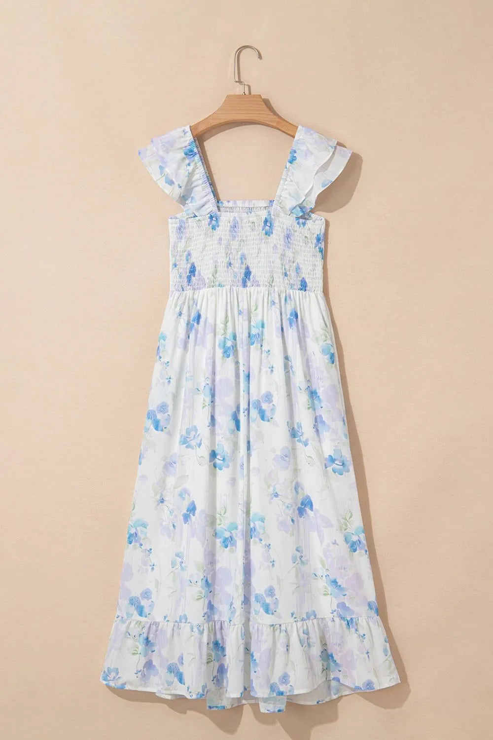 Floral Smocked High Waist Double Ruffle Sleeveless Long Dress.