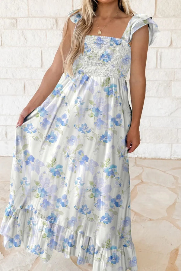 Floral Smocked High Waist Double Ruffle Sleeveless Long Dress.