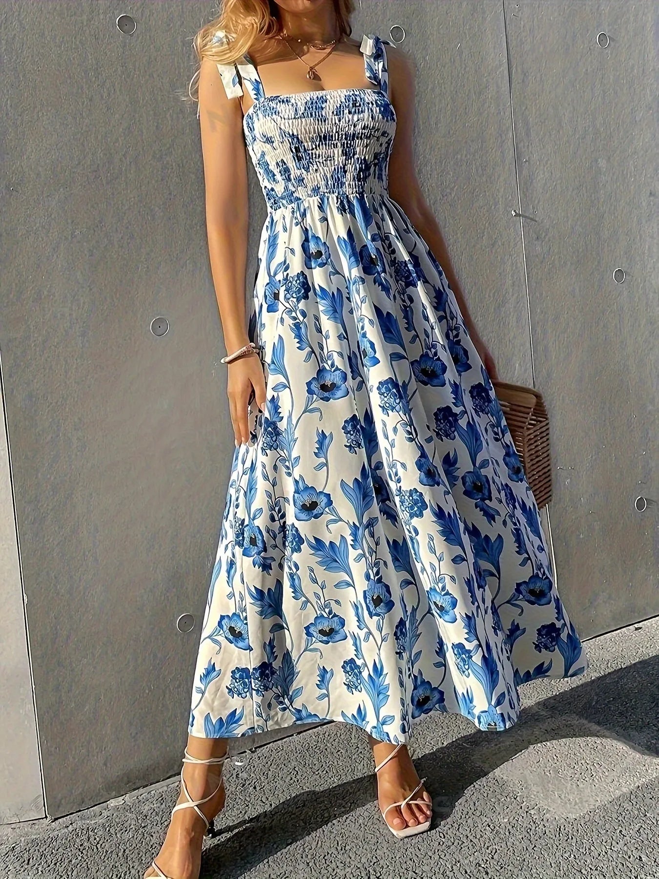 Floral Smocked Midi Dress with Tie Shoulders.