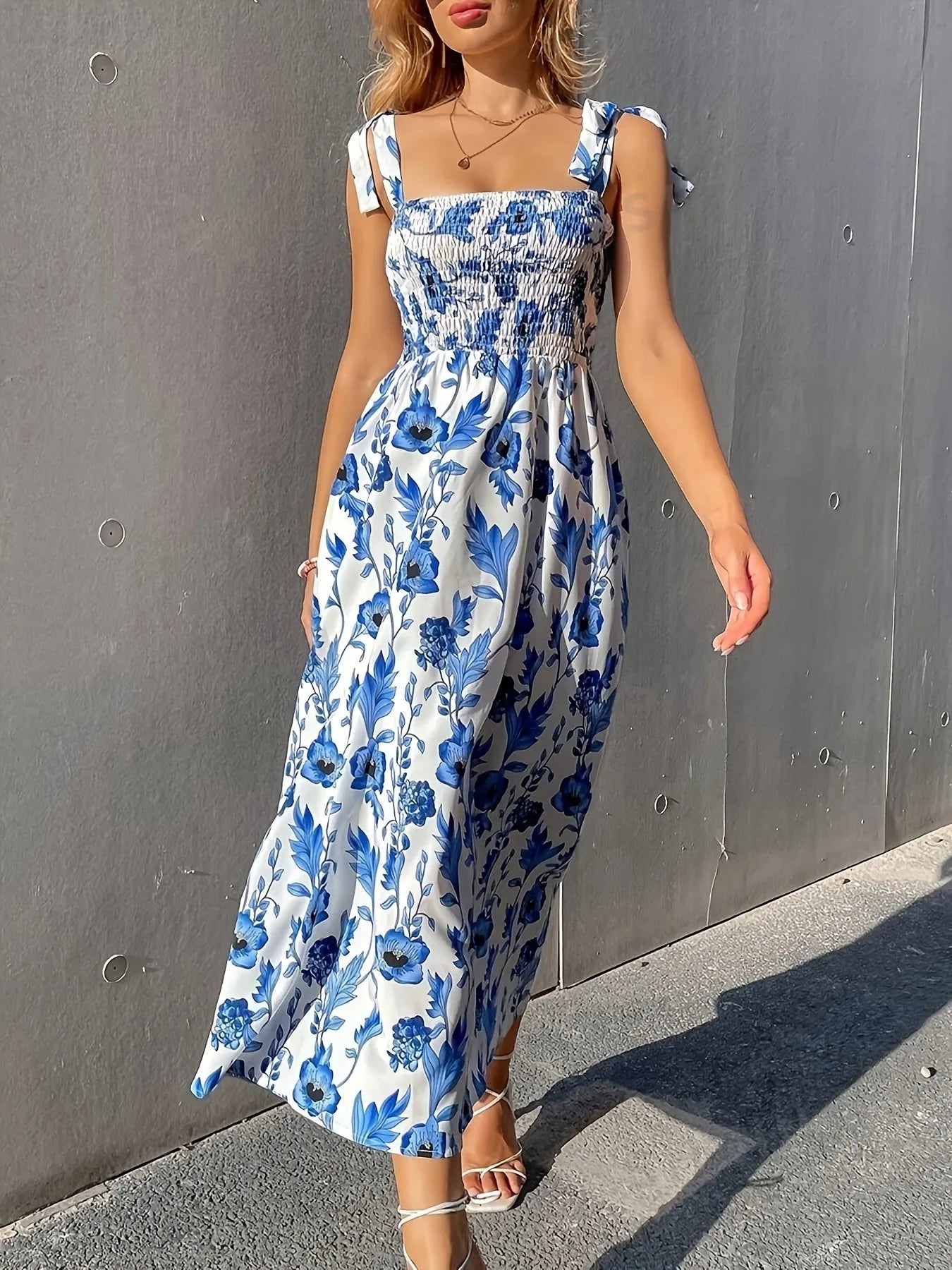 Floral Smocked Midi Dress with Tie Shoulders.