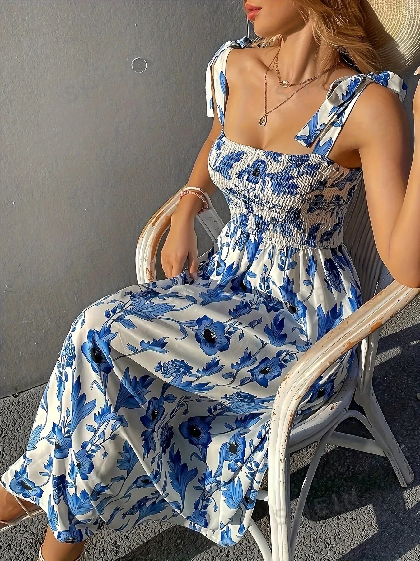 Floral Smocked Midi Dress with Tie Shoulders.
