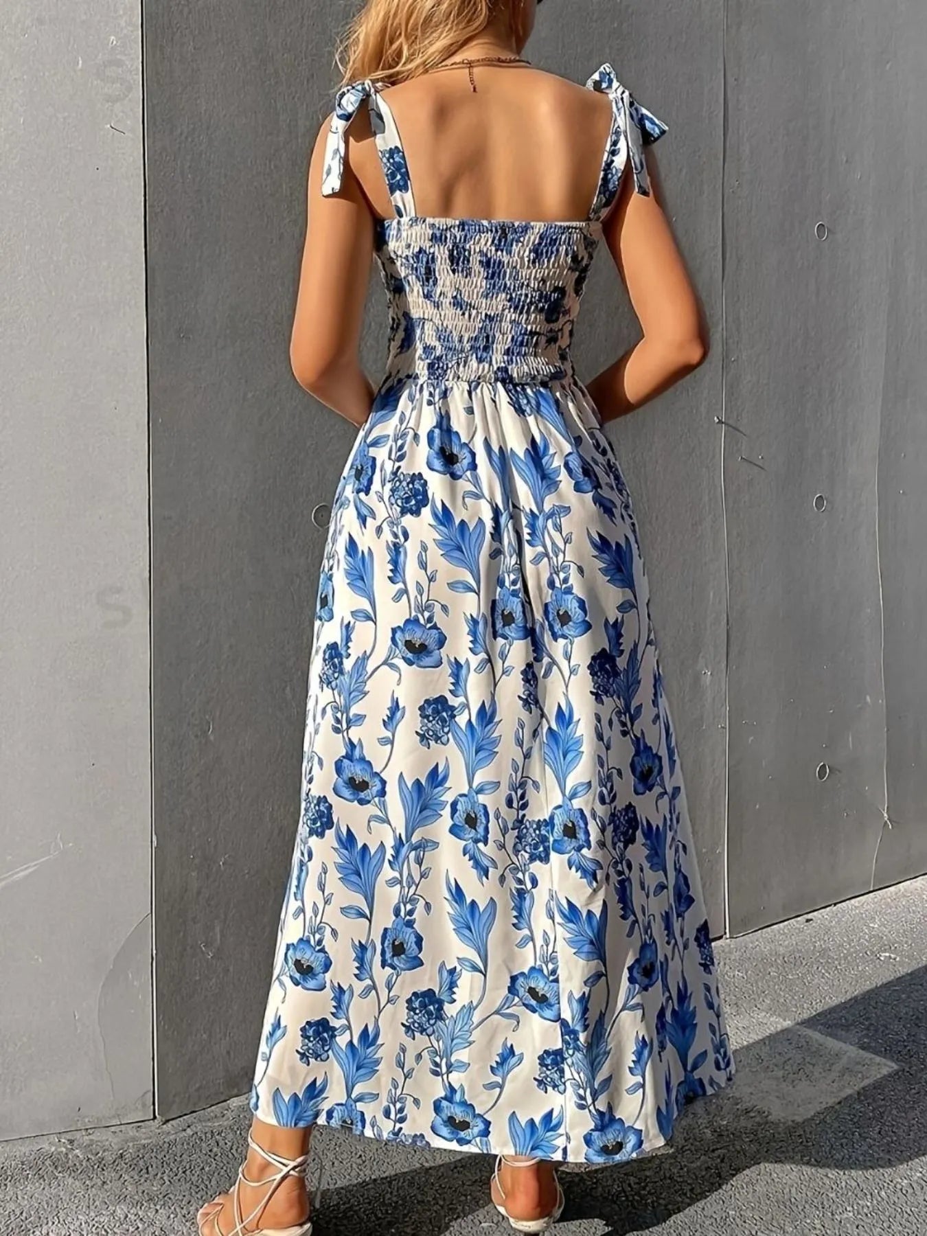 Floral Smocked Midi Dress with Tie Shoulders.