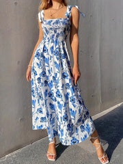 Floral Smocked Midi Dress with Tie Shoulders.