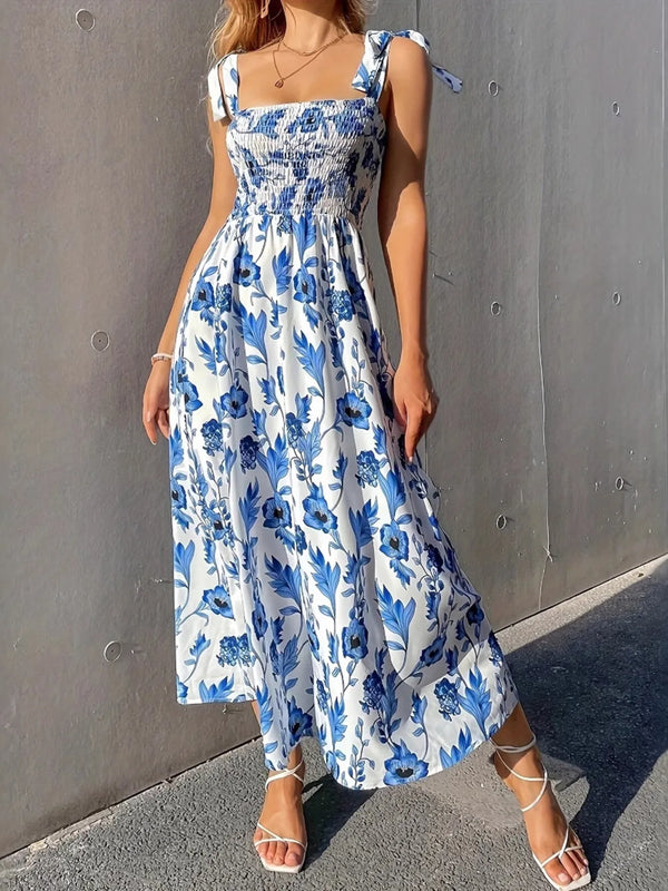 Floral Smocked Midi Dress with Tie Shoulders.