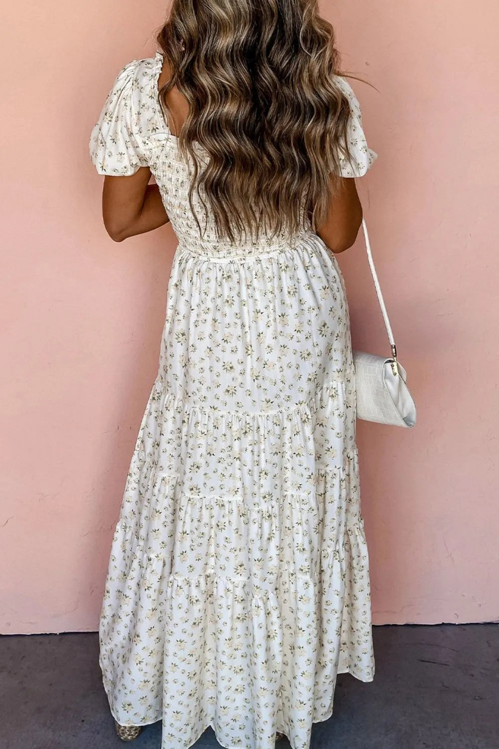 Floral Smocked Short Puff Sleeve Maxi Dress.