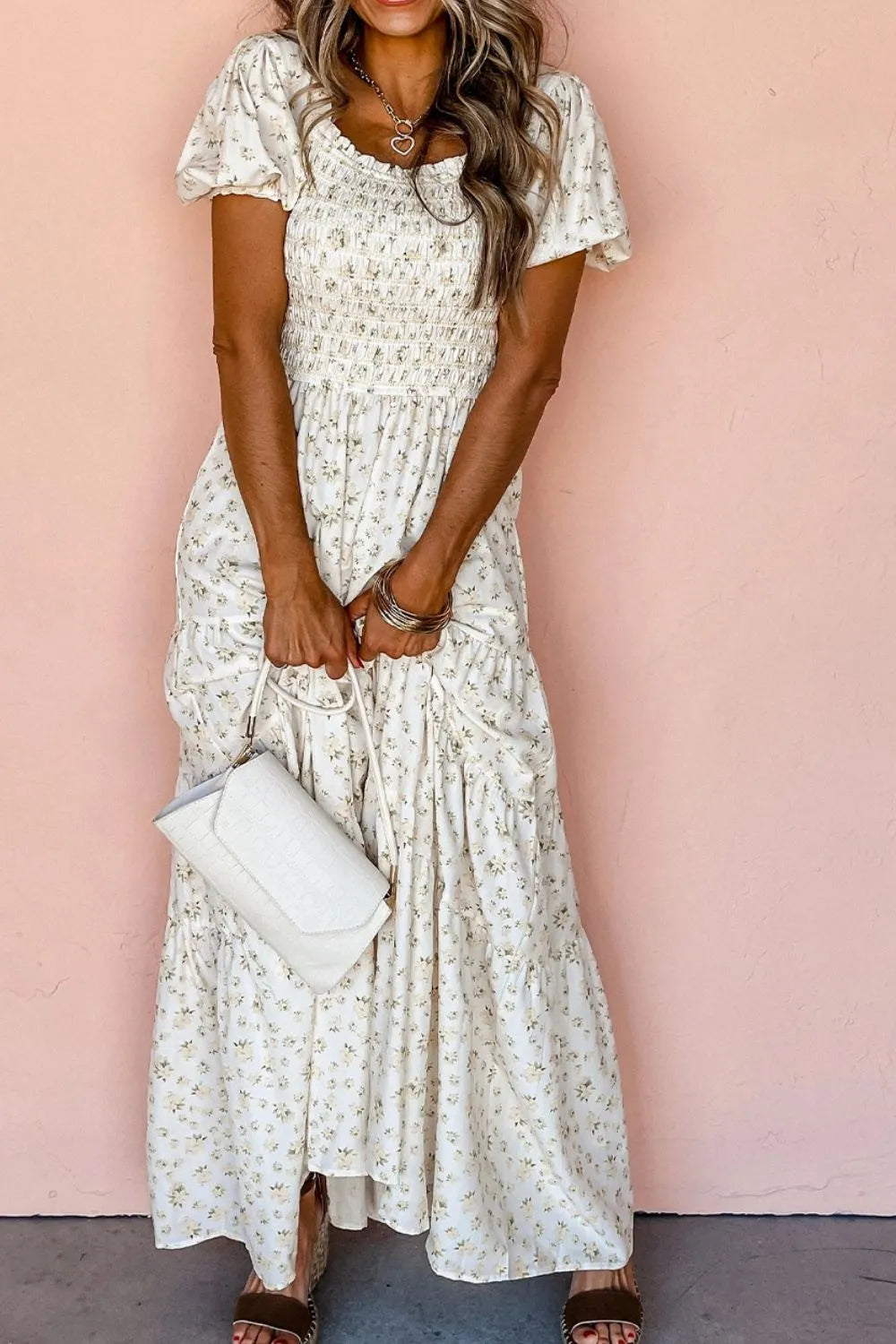Floral Smocked Short Puff Sleeve Maxi Dress.