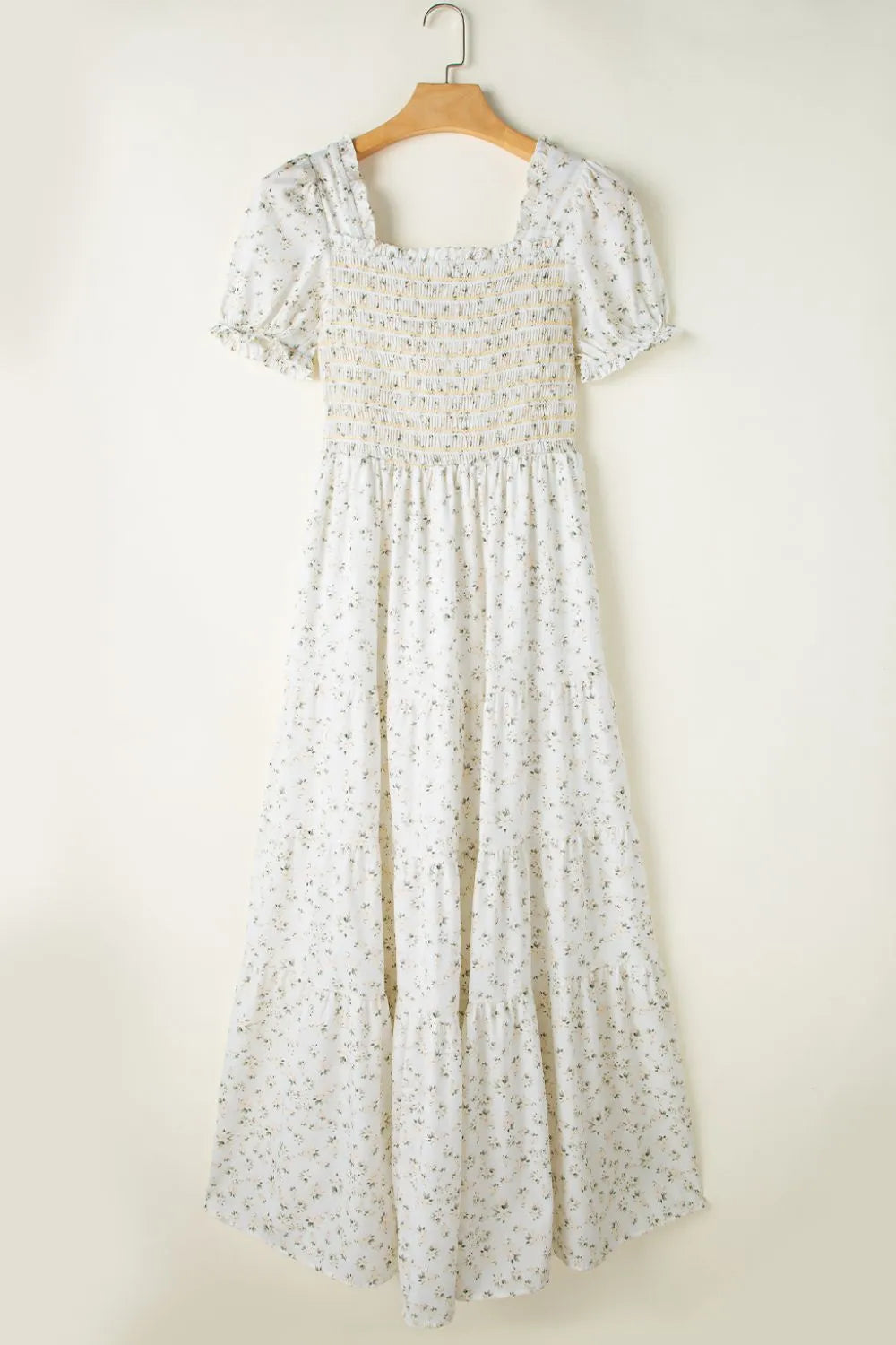 Floral Smocked Short Puff Sleeve Maxi Dress.
