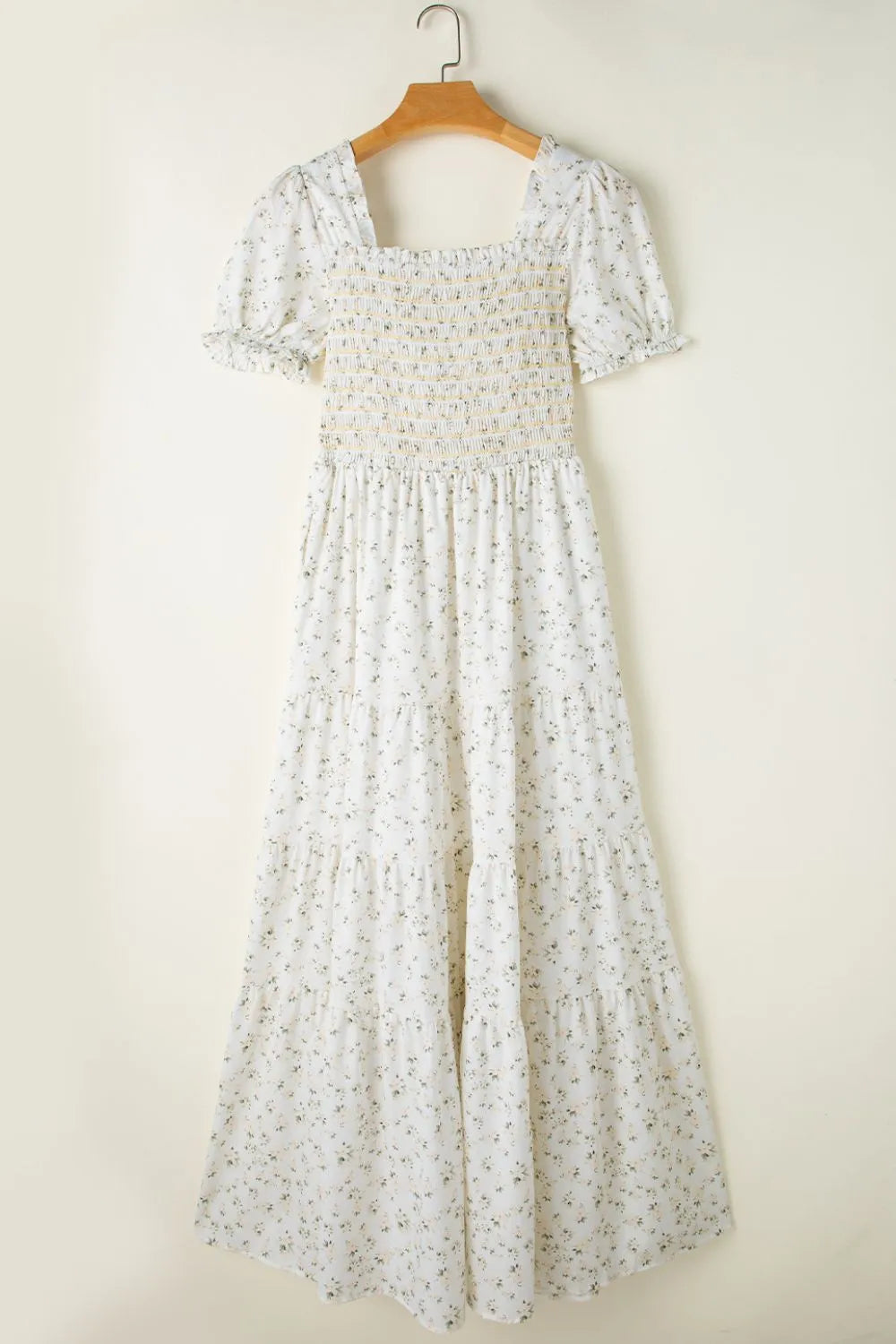 Floral Smocked Short Puff Sleeve Maxi Dress.