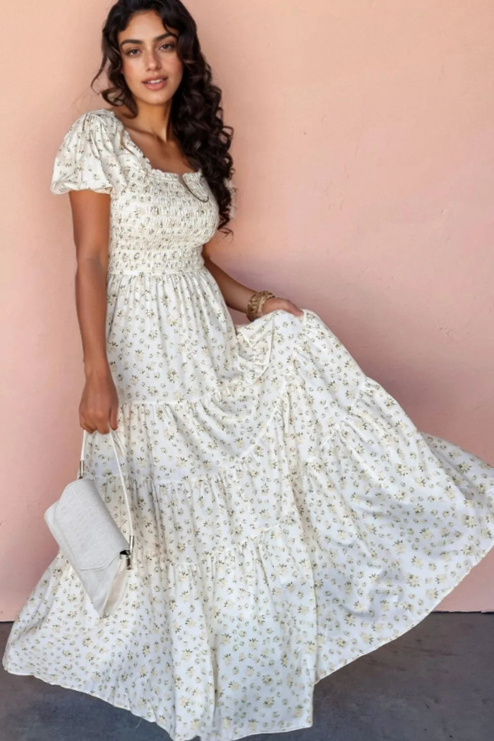 Floral Smocked Short Puff Sleeve Maxi Dress.