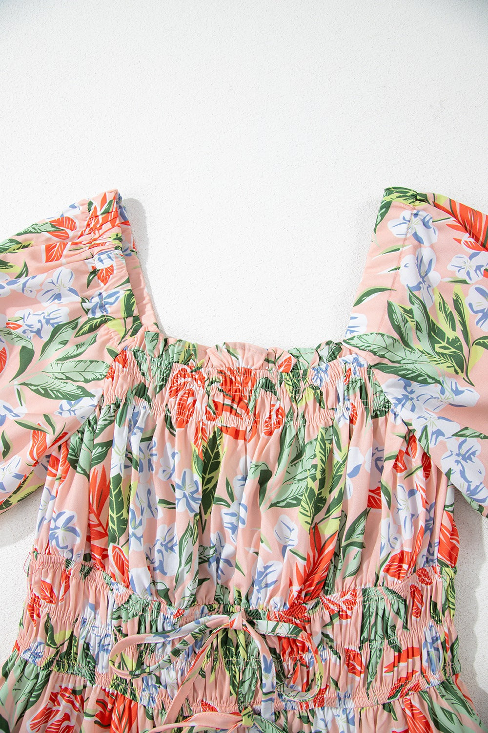 Floral Smocked Square Neck Puff Short Sleeve Midi Dress.