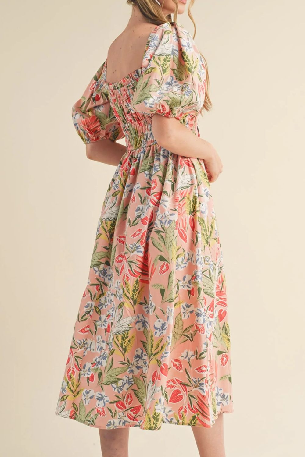 Floral Smocked Square Neck Puff Short Sleeve Midi Dress.