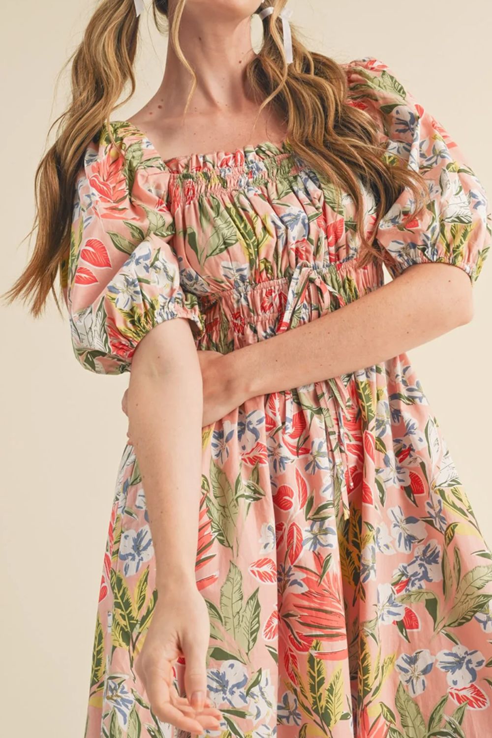 Floral Smocked Square Neck Puff Short Sleeve Midi Dress.