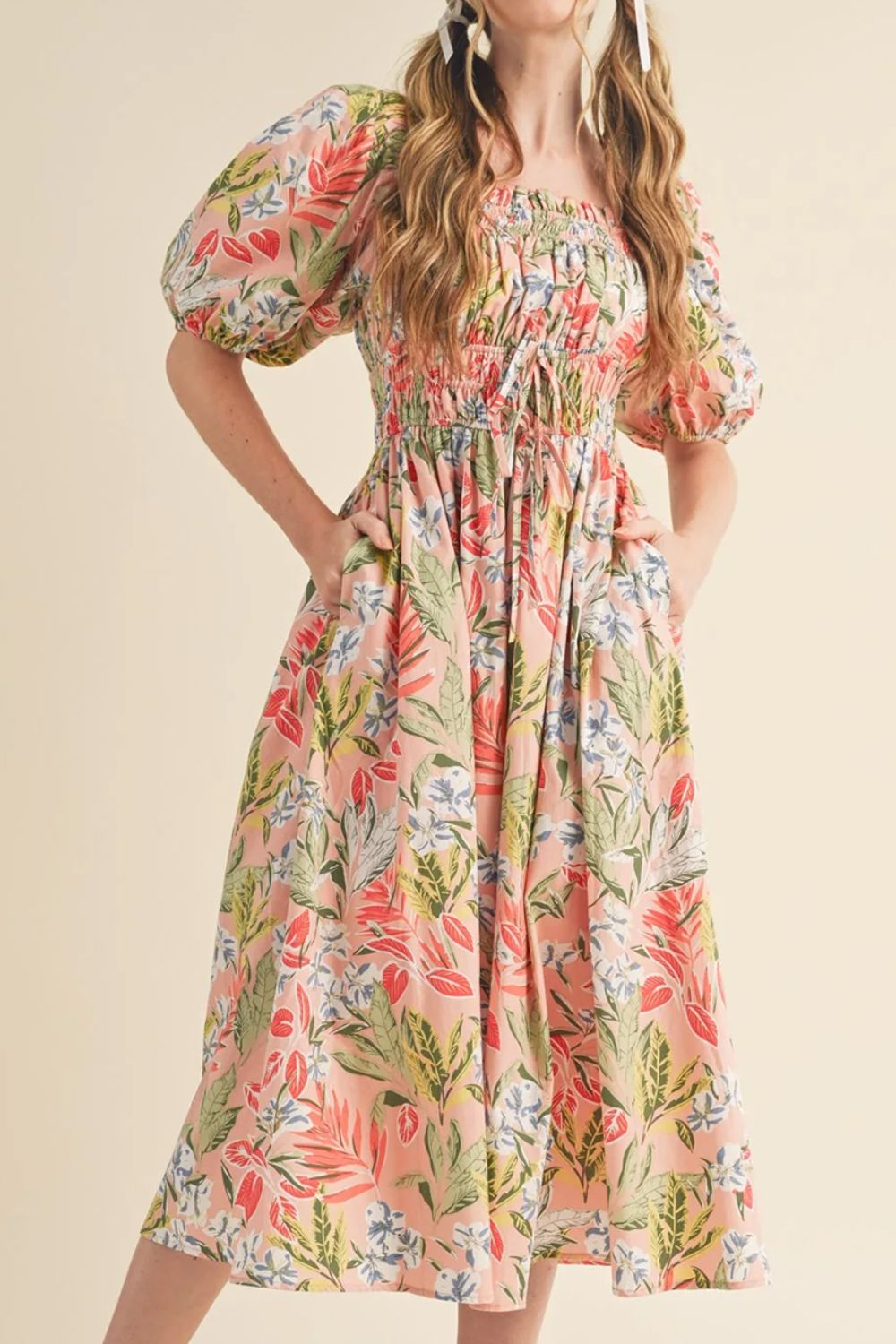 Floral Smocked Square Neck Puff Short Sleeve Midi Dress.