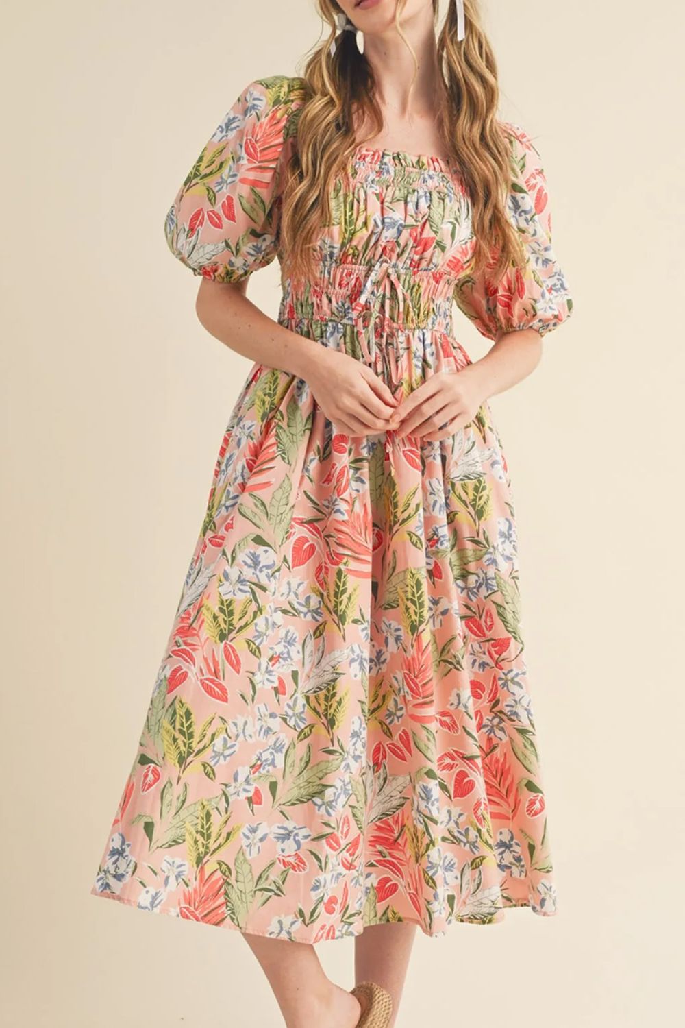 Floral Smocked Square Neck Puff Short Sleeve Midi Dress.