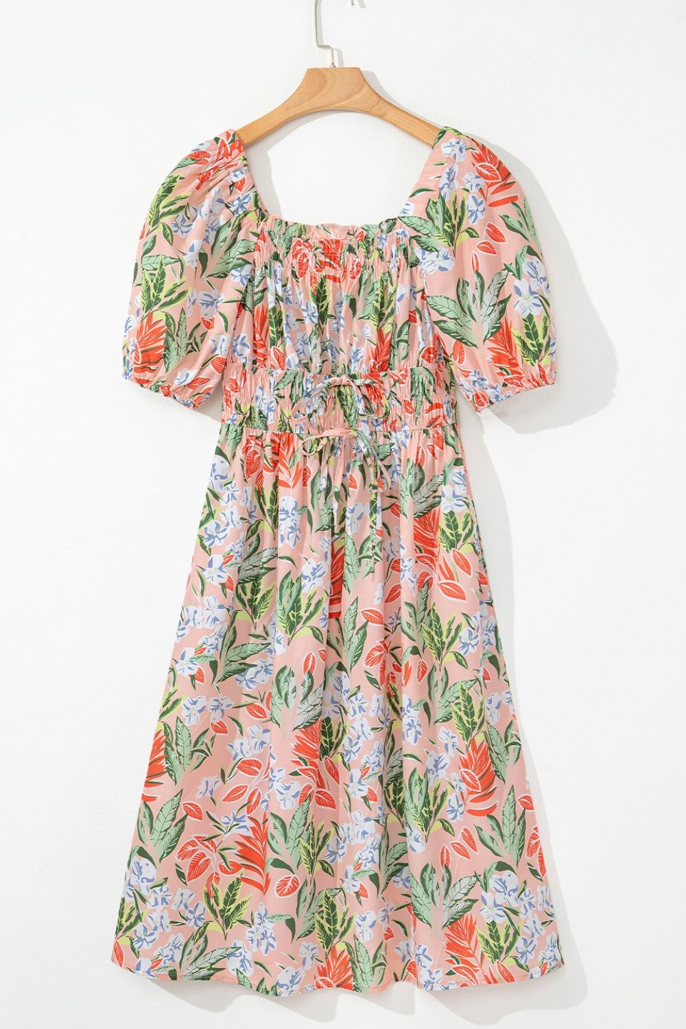 Floral Smocked Square Neck Puff Short Sleeve Midi Dress.