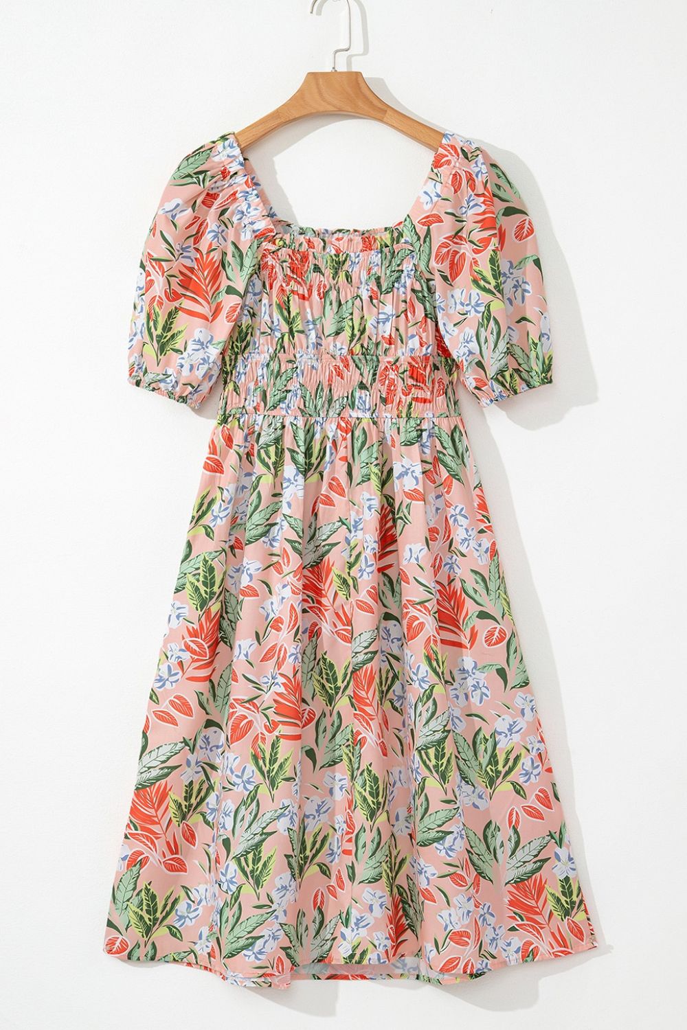Floral Smocked Square Neck Puff Short Sleeve Midi Dress.