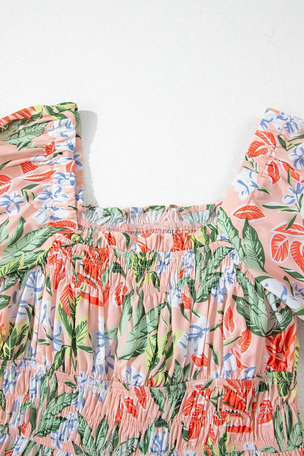 Floral Smocked Square Neck Puff Short Sleeve Midi Dress.