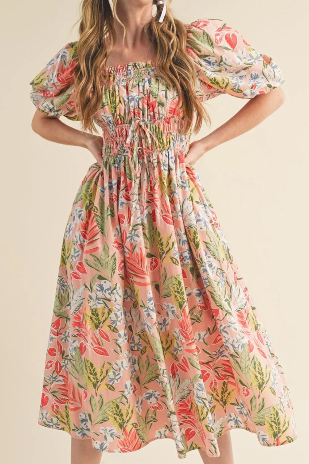 Floral Smocked Square Neck Puff Short Sleeve Midi Dress.