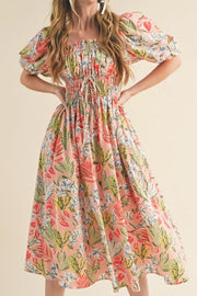 Floral Smocked Square Neck Puff Short Sleeve Midi Dress.