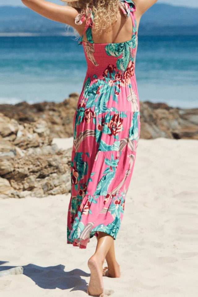 Floral Smocked Tie-Shoulder Tiered Midi Dress.