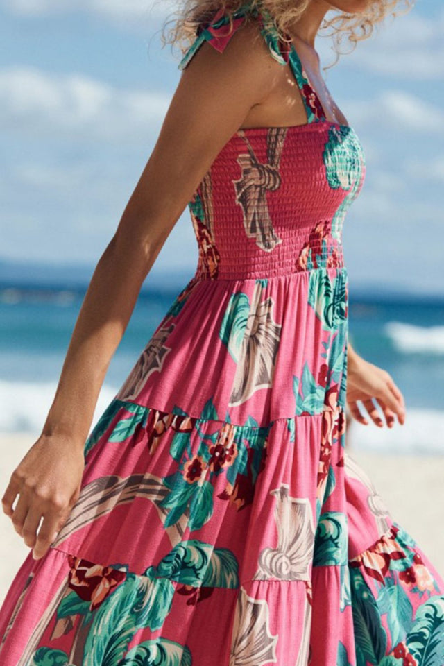 Floral Smocked Tie-Shoulder Tiered Midi Dress.